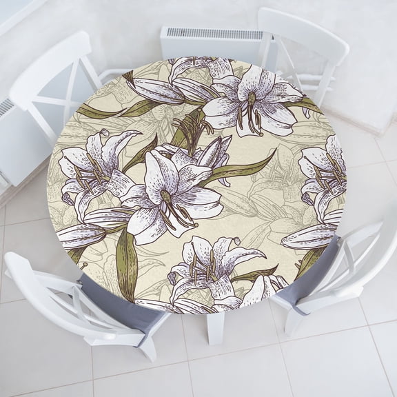 Ambesonne Vintage Fitted Round Tablecloth, Lily Flowers Leaves Pattern, 45"- 56" Diameter, Olive Green Pale Camel
