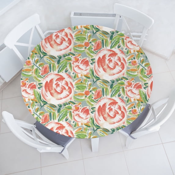 Ambesonne Vintage Fitted Round Tablecloth, Minimalist Spring Flowers, 56"- 60" Diameter, Burnt Sienna Apple Green