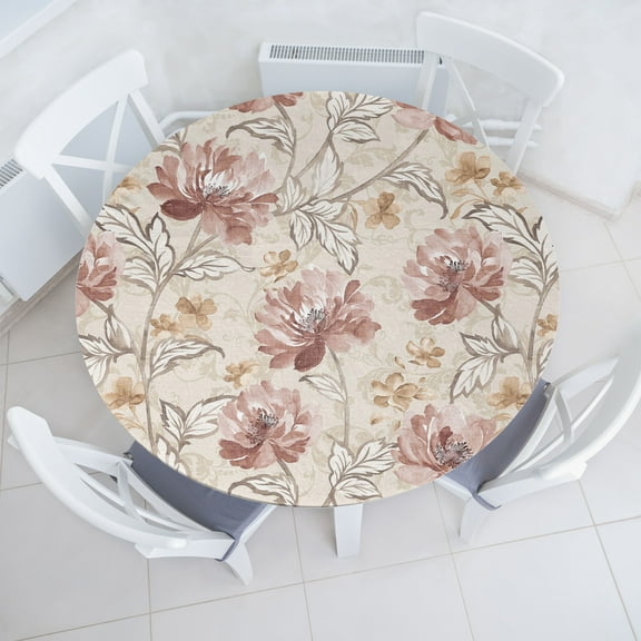 Ambesonne Vintage Fitted Round Tablecloth, Nostalgic Floral Print Art, 56"- 60" Diameter, Eggshell and Pale Ruby