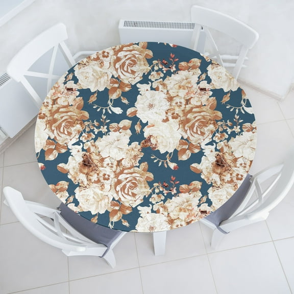 Ambesonne Vintage Fitted Round Tablecloth, Nostalgic Summer Flowers, 40"- 44" Diameter, Persian Orange and Slate Blue