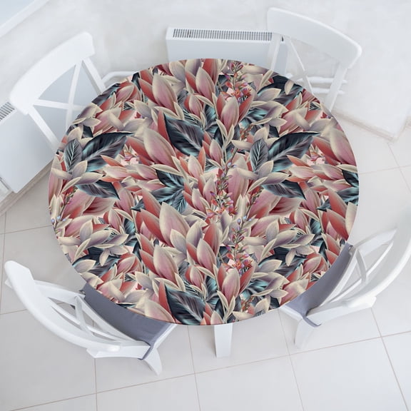 Ambesonne Vintage Fitted Round Tablecloth, Overlapped Field Flowers, 40"- 44" Diameter, Pale Maroon and Dark Teal