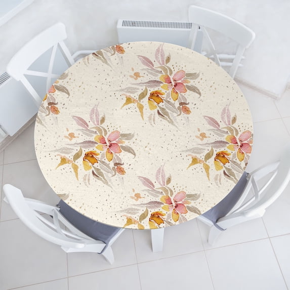 Ambesonne Vintage Fitted Round Tablecloth, Pastel Leaves Flowers Dots, 56"- 60" Diameter, Pale Orange and Soft Pink