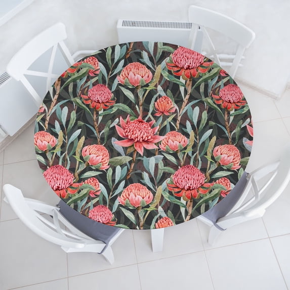 Ambesonne Vintage Fitted Round Tablecloth, Repeating Protea Flowers, 45"- 56" Diameter, Pale Pink and Laurel Green