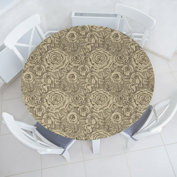 Ambesonne Vintage Fitted Round Tablecloth, Retro Artwork Roses Leaves, 36"- 40" Diameter, Eggshell Sage Green Taupe