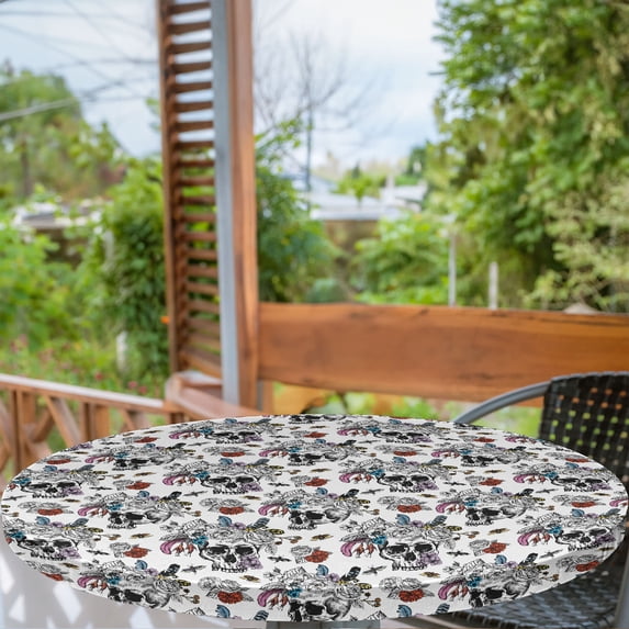 Ambesonne Vintage Fitted Round Tablecloth, Skulls and Flowers, 56"- 60" Diameter, Multicolor