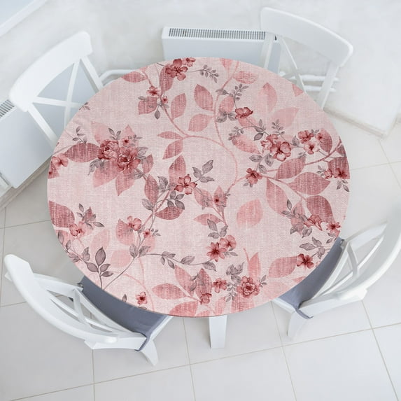 Ambesonne Vintage Fitted Round Tablecloth, Weathered Effect Floral Art, 45"- 56" Diameter, Pale Pink and Dried Rose