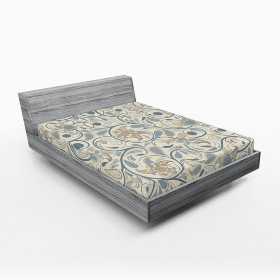 Ambesonne Vintage Fitted Sheet 2 Pcs Set, Eastern Oriental Scroll, Queen, Slate Blue Beige Tan