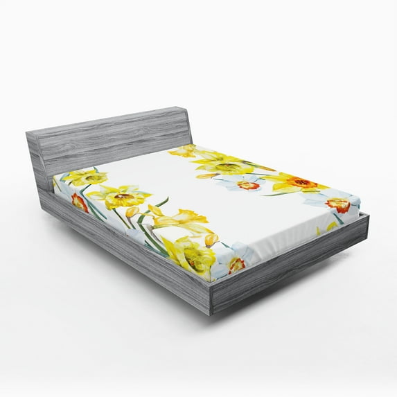 Ambesonne Vintage Fitted Sheet 2 Pcs Set, Flowers, Queen, Yellow White Red