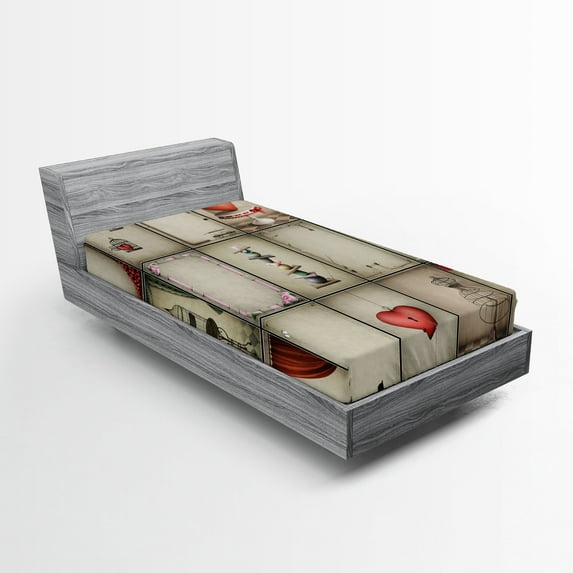 Ambesonne Vintage Fitted Sheet 2 Pcs Set, Hearts in Captivity, Twin XL, Tan Vermilion Pink