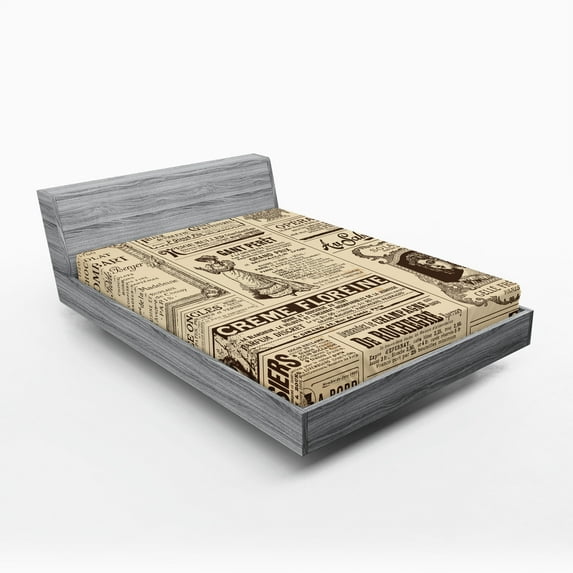 Ambesonne Vintage Fitted Sheet 2 Pcs Set, Historic French Journal, King, Army Green and Beige