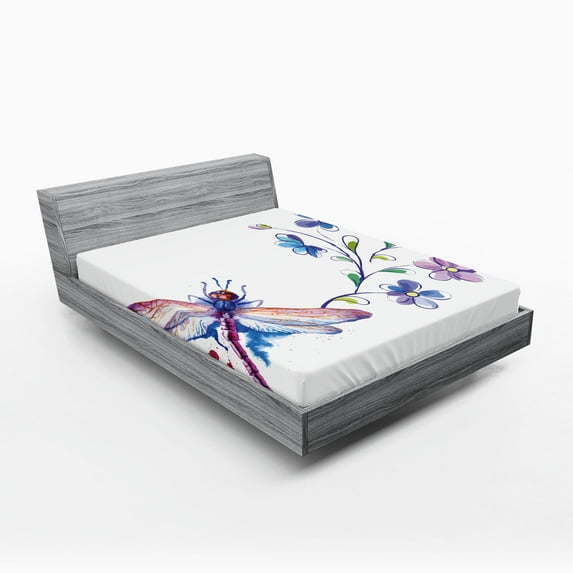 Ambesonne Vintage Fitted Sheet 2 Pcs Set, Ivy Flowers Dragonflies, King, Green Purple and Blue