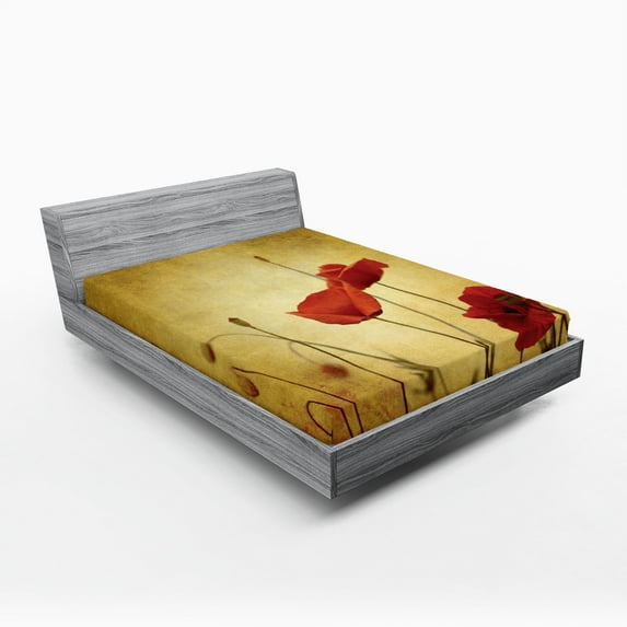 Ambesonne Vintage Fitted Sheet 2 Pcs Set, Poppy Flowers Bohemian, King, Pale Brown Vermilion