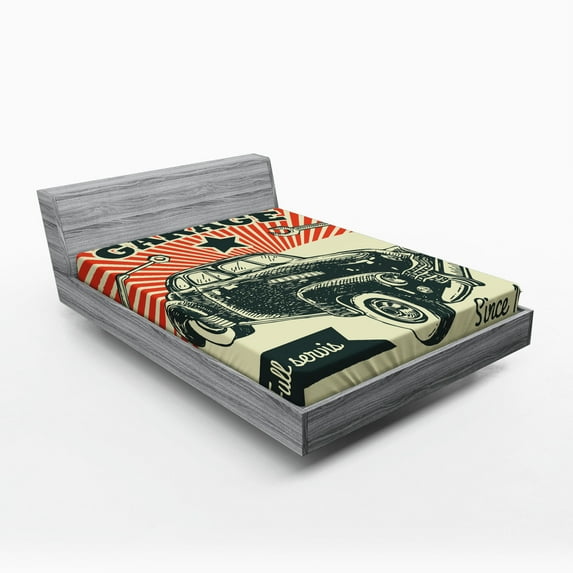 Ambesonne Vintage Fitted Sheet, 60's Retro Car Pop Art, Queen Size, Emerald Orange