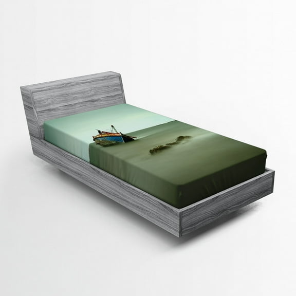 Ambesonne Vintage Fitted Sheet, Abandoned Fishing Boat, Twin Size, Grey Blue