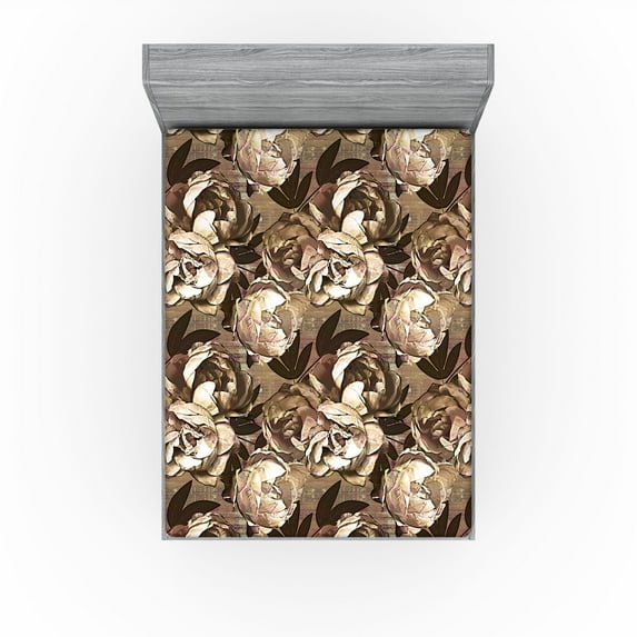 Ambesonne Vintage Fitted Sheet, Abstract Nostalgic Peony, Queen Size, Pale Brown and Dark Cocoa