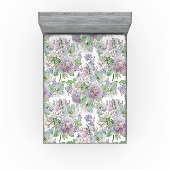 Ambesonne Vintage Fitted Sheet, Alstroemeria Flowers Leaves, California King, Peacock Green and Pale Purple
