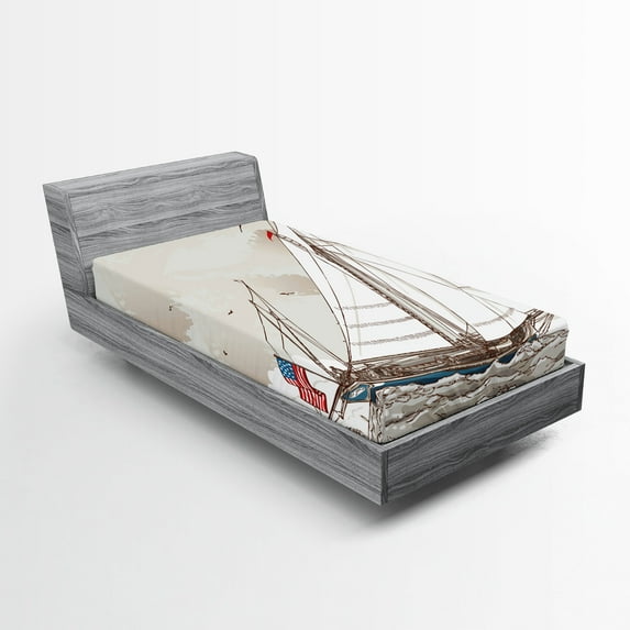 Ambesonne Vintage Fitted Sheet, Antique American Yacht, Twin XL Size, Pale Grey Tan White