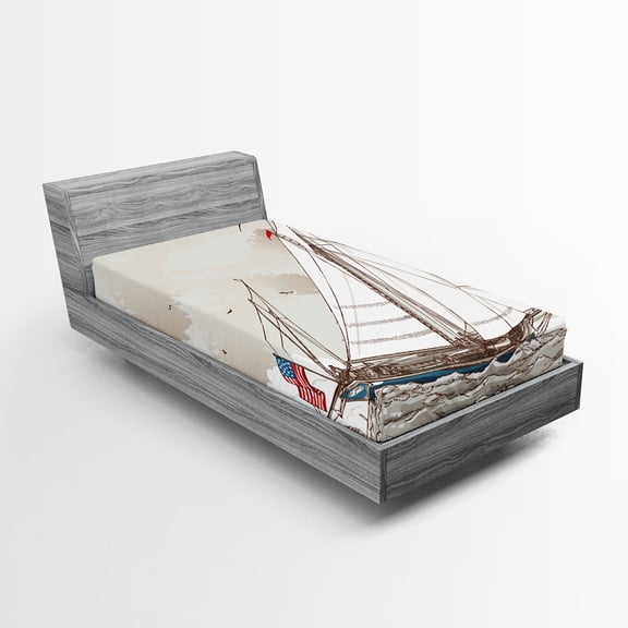Ambesonne Vintage Fitted Sheet, Antique American Yacht, Twin XL Size, Pale Grey Tan White
