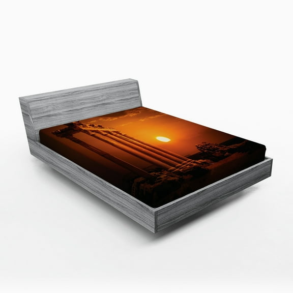 Ambesonne Vintage Fitted Sheet, Antique Style Monument, Queen Size, Orange and White