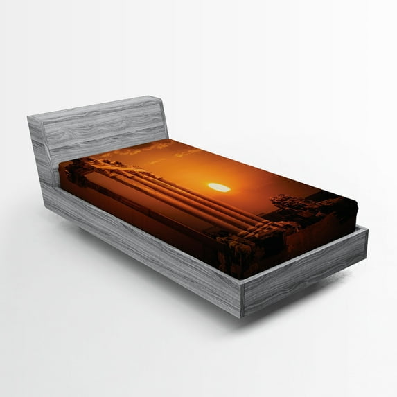 Ambesonne Vintage Fitted Sheet, Antique Style Monument, Twin Size, Orange and White