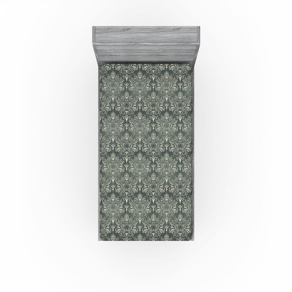 Ambesonne Vintage Fitted Sheet, Art Deco Flourishing Swirls, Twin Size, Grey Teal Pale Sage Green