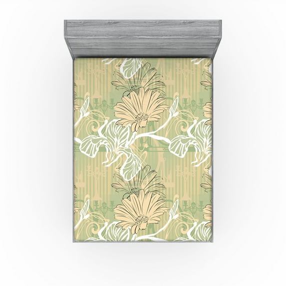 Ambesonne Vintage Fitted Sheet, Art Nouveau Retro Floral, California King, Pistachio Green and Peach