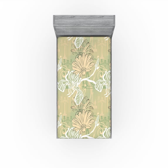 Ambesonne Vintage Fitted Sheet, Art Nouveau Retro Floral, Twin Size, Pistachio Green and Peach