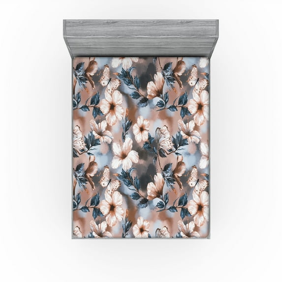 Ambesonne Vintage Fitted Sheet, Art Watercolor Floral Print, Queen Size, Pale Rust Slate Blue