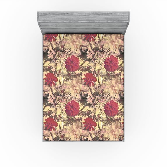 Ambesonne Vintage Fitted Sheet, Aster and Apple Blossom Art, California King, Ruby Pale Yellow and Eggshell