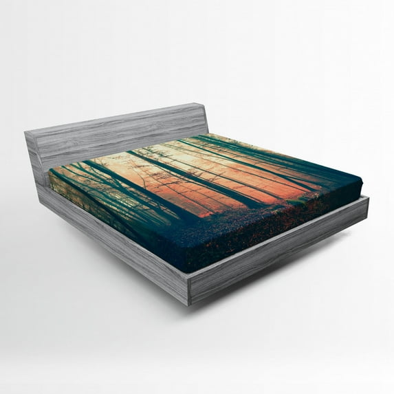 Ambesonne Vintage Fitted Sheet, Autumn Forest Woodland, Full Size, Coral Dark Green