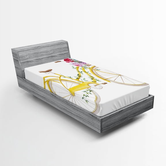 Ambesonne Vintage Fitted Sheet, Bicycle with Flowers, Twin Size, White and Yellow
