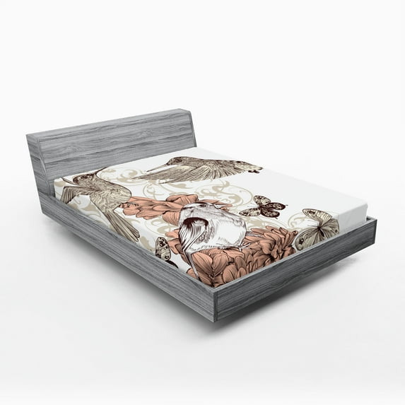 Ambesonne Vintage Fitted Sheet, Birds Butterflies Art, Queen Size, Brown Tan