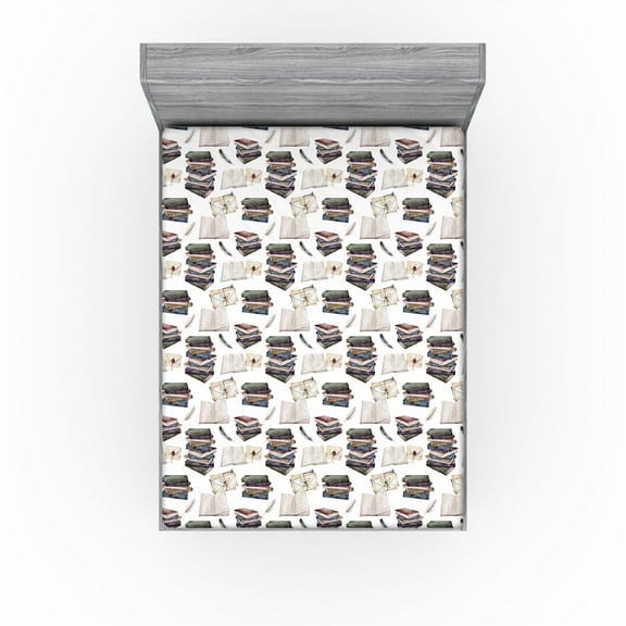 Ambesonne Vintage Fitted Sheet, Books and Letters Art Print, California King, White and Multicolor