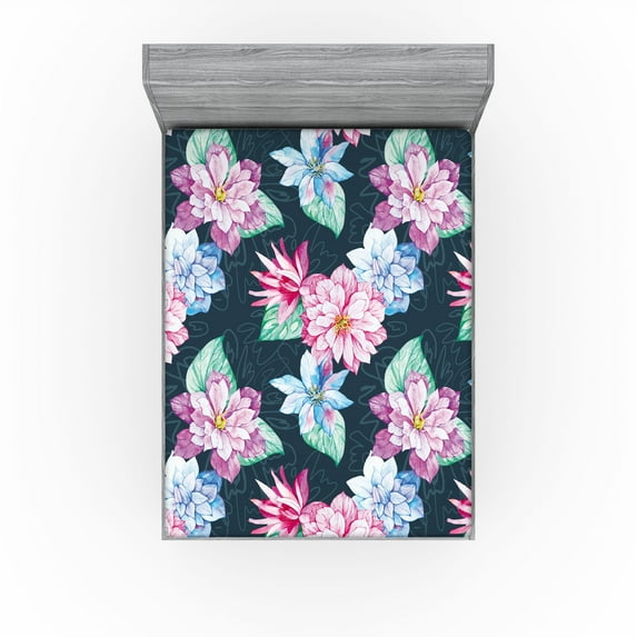 Ambesonne Vintage Fitted Sheet, Botanical Hand-Drawn Flower, King Size, Pink Sea Green and Grey