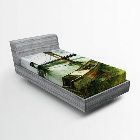 Ambesonne Vintage Fitted Sheet, Bridge and Old Boat, Twin Size, Green Grey