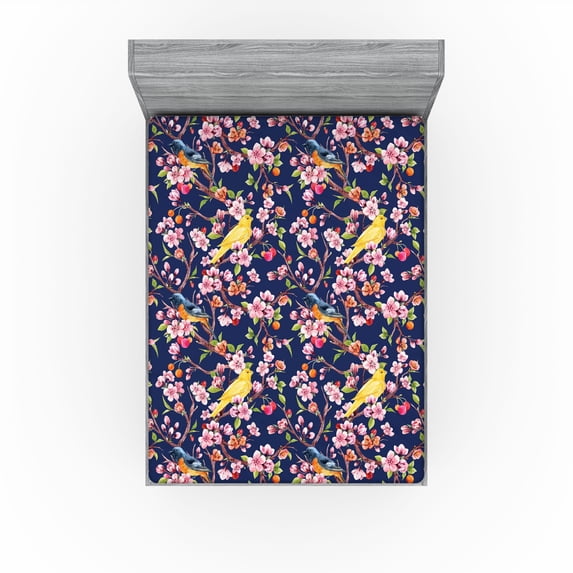Ambesonne Vintage Fitted Sheet, Cherries Birds Flowers Art, King Size, Lime Green and Dried Rose