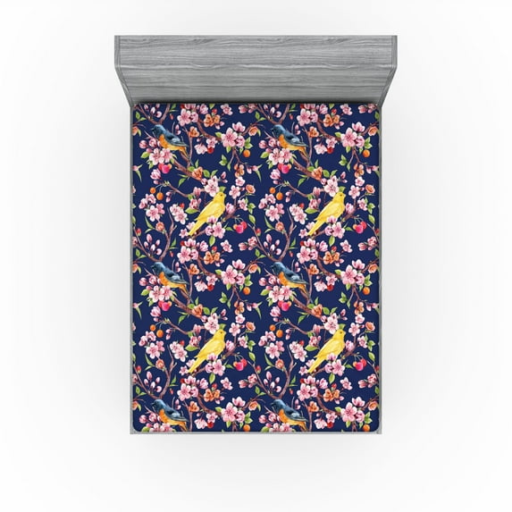 Ambesonne Vintage Fitted Sheet, Cherries Birds Flowers Art, Queen Size, Lime Green and Dried Rose