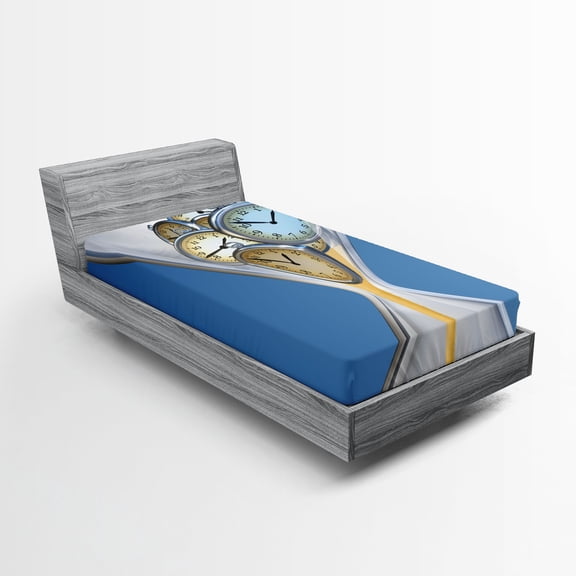 Ambesonne Vintage Fitted Sheet, Clock Sand, Twin Size, Blue and Sand Brown