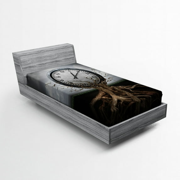 Ambesonne Vintage Fitted Sheet, Clock Surrealist, Twin Size, Grey