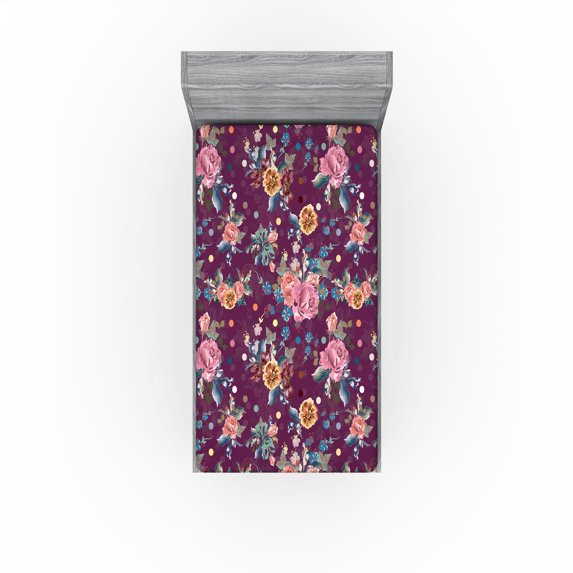 Ambesonne Vintage Fitted Sheet, Colorful Flowers Foliage, Twin XL Size, Cinnamon and Dark Lavender