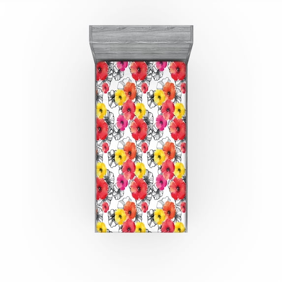 Ambesonne Vintage Fitted Sheet, Colorful Hand-Drawn Poppy, Twin XL Size, Dark Coral and Earth Yellow
