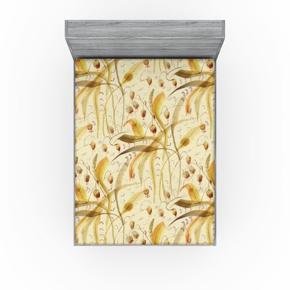 Ambesonne Vintage Fitted Sheet, Creamy Meadow Blossom Print, Queen Size, Cream Mustard and Caramel