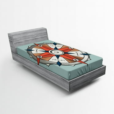 Ambesonne Vintage Fitted Sheet, Cruise Compass Grunge, Twin Size, Pale Orange Turquoise