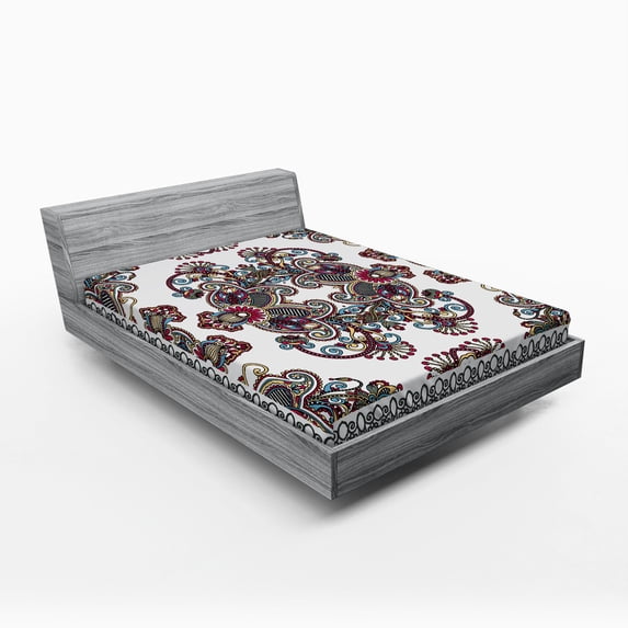 Ambesonne Vintage Fitted Sheet, Curlicues Floral Design, Queen Size, Multicolor