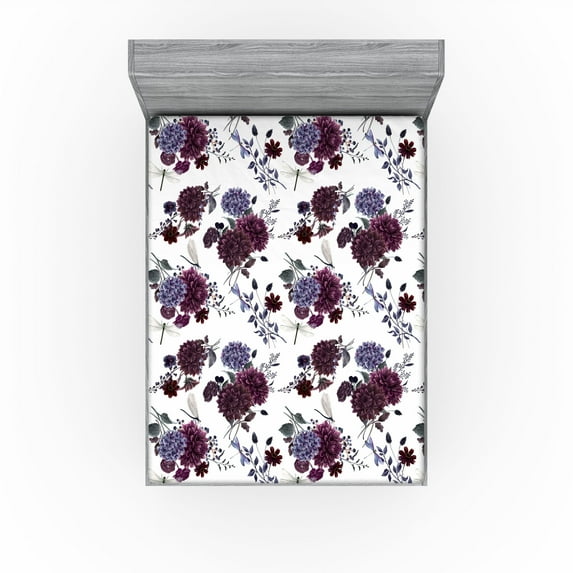 Ambesonne Vintage Fitted Sheet, Dahlia Hydrangea Dragonfly, Queen Size, Dark Maroon Purpleblue