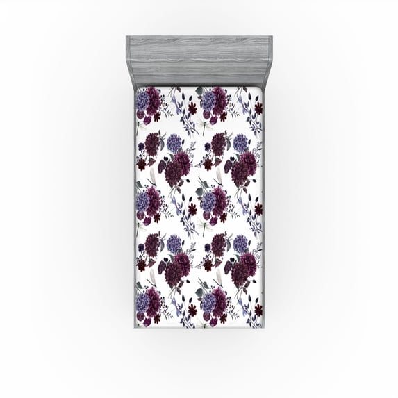 Ambesonne Vintage Fitted Sheet, Dahlia Hydrangea Dragonfly, Twin XL Size, Dark Maroon Purpleblue