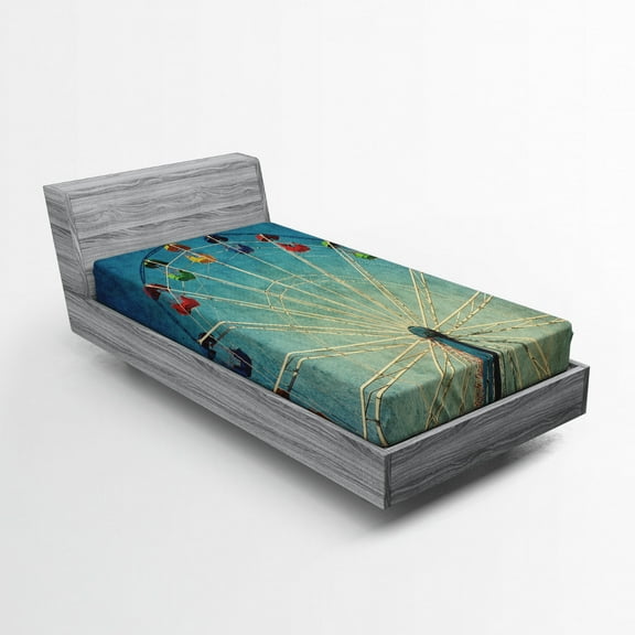 Ambesonne Vintage Fitted Sheet, Ferris Wheel Fun Retro, Twin XL Size, Blue