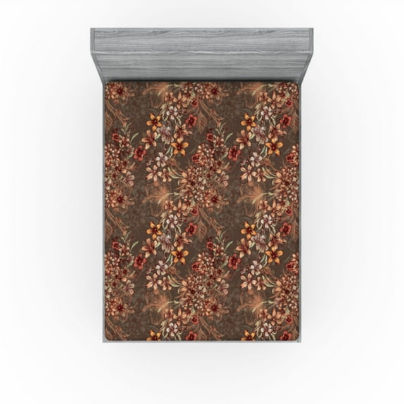 Ambesonne Vintage Fitted Sheet, Flora Repeating Flowers Art, Queen Size, Dark Rosewood and Brown