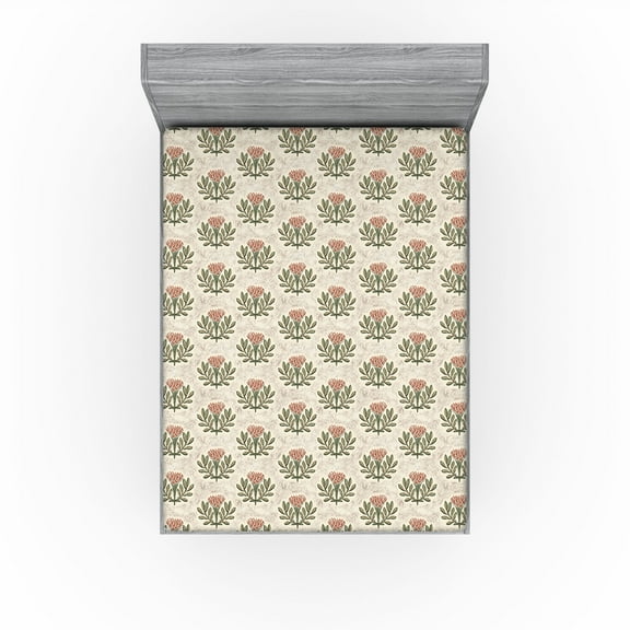 Ambesonne Vintage Fitted Sheet, Flowers Leaf Print Retro, California King, Eggshell and Olive Green
