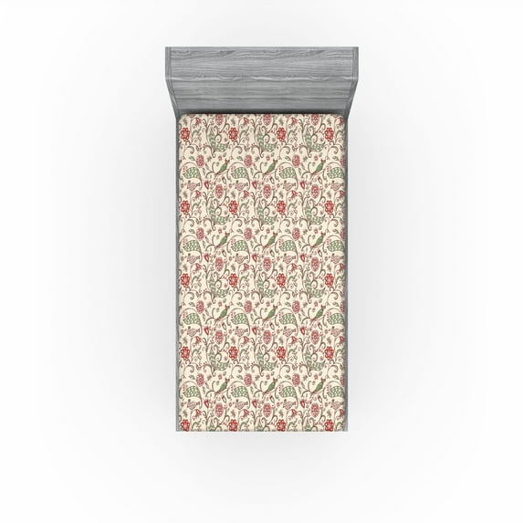 Ambesonne Vintage Fitted Sheet, Folk Birds Flowers Ethnic, Twin XL Size, Champagne Green and Orange